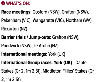 ￼ What's on: Race meetings: Gosford (NSW), Grafton (NSW), Pakenham (VIC), Wangaratta (VIC), Northam (WA), Riccarton (...