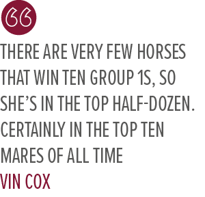 There are very few horses that win ten Group 1s, so she’s in the top half dozen. Certainly in the top ten mares of al...