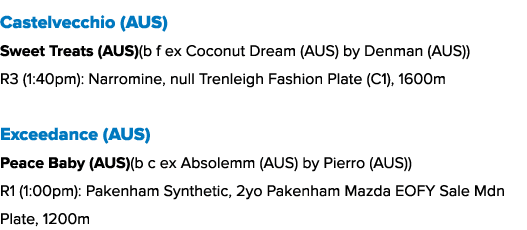 Castelvecchio (AUS) Sweet Treats (AUS)(b f ex Coconut Dream (AUS) by Denman (AUS)) R3 (1:40pm): Narromine, null Trenl...