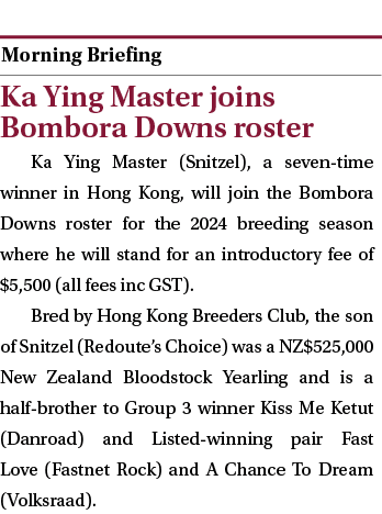  ￼ Ka Ying Master joins Bombora Downs roster Ka Ying Master (Snitzel), a seven time winner in Hong Kong, will join th...