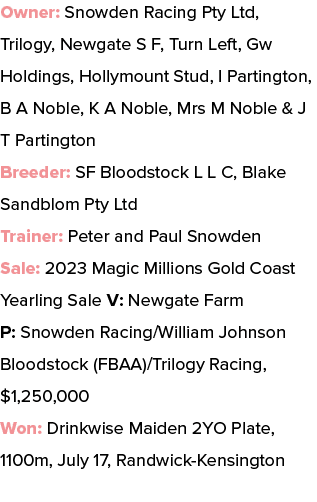 Owner: Snowden Racing Pty Ltd, Trilogy, Newgate S F, Turn Left, Gw Holdings, Hollymount Stud, I Partington, B A Noble...