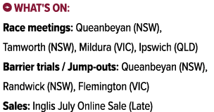 ￼ What's on: Race meetings: Queanbeyan (NSW), Tamworth (NSW), Mildura (VIC), Ipswich (QLD) Barrier trials / Jump outs...