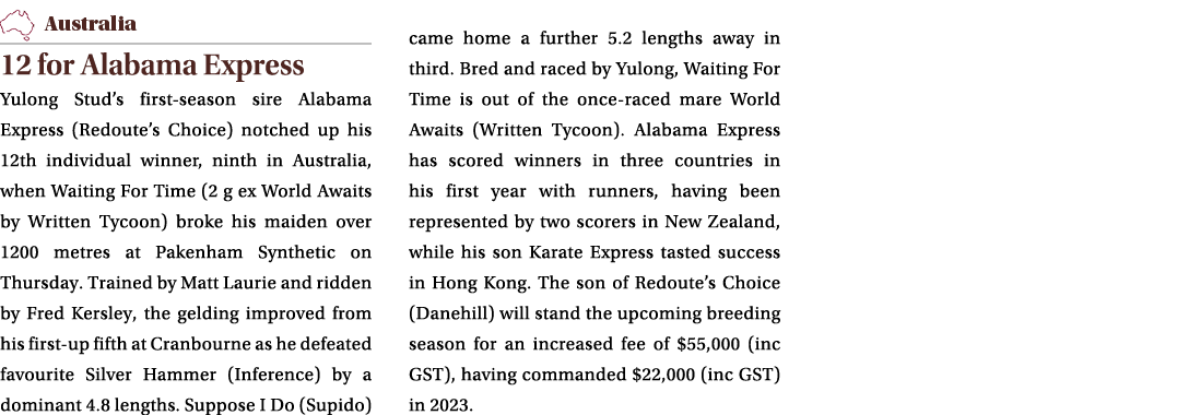 ￼ 12 for Alabama Express Yulong Stud’s first season sire Alabama Express (Redoute’s Choice) notched up his 12th indiv...