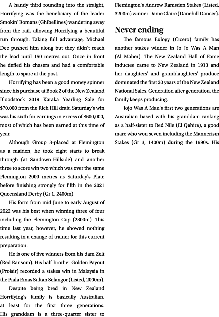 A handy third rounding into the straight, Horrifying was the beneficiary of the leader Smokin' Romans (Ghibellines) w...