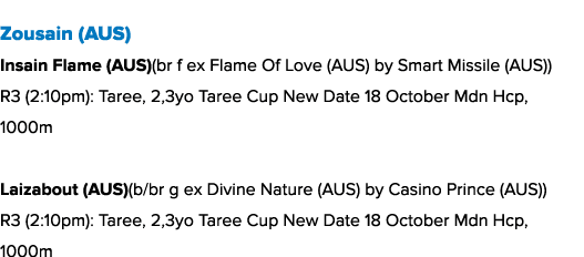 Zousain (AUS) Insain Flame (AUS)(br f ex Flame Of Love (AUS) by Smart Missile (AUS)) R3 (2:10pm): Taree, 2,3yo Taree ...