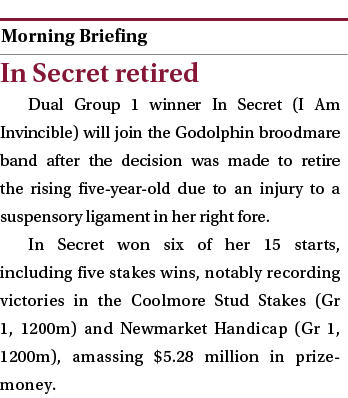  ￼ In Secret retired Dual Group 1 winner In Secret (I Am Invincible) will join the Godolphin broodmare band after the...