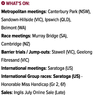 ￼ What's on: Metropolitan meetings: Canterbury Park (NSW), Sandown Hillside (VIC), Ipswich (QLD), Belmont (WA) Race m...