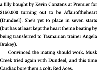 a filly bought by Kevin Corstens at Premier for $150,000 turning out to be Affairoftheheart (Dundeel). She’s yet to p...