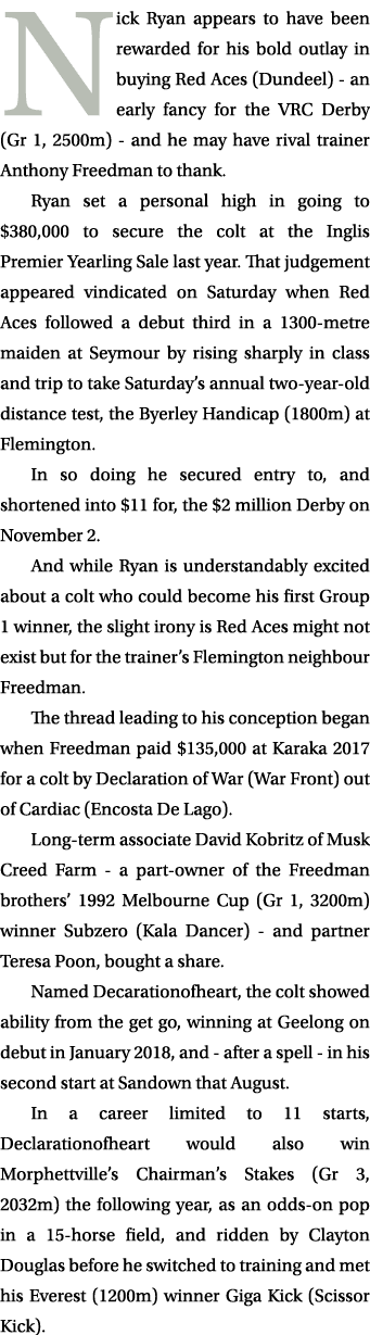 Nick Ryan appears to have been rewarded for his bold outlay in buying Red Aces (Dundeel) an early fancy for the VRC D...