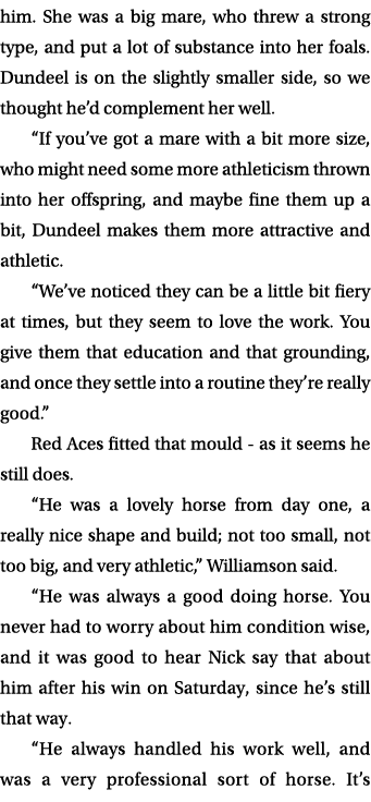 him. She was a big mare, who threw a strong type, and put a lot of substance into her foals. Dundeel is on the slight...