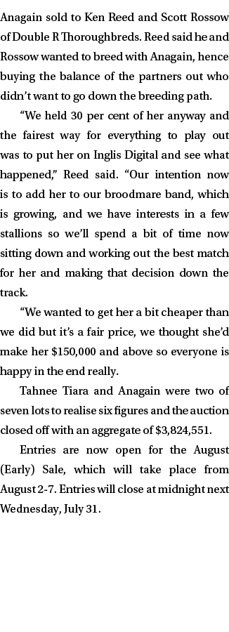 Anagain sold to Ken Reed and Scott Rossow of Double R Thoroughbreds. Reed said he and Rossow wanted to breed with Ana...