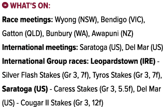 ￼ What's on: Race meetings: Wyong (NSW), Bendigo (VIC), Gatton (QLD), Bunbury (WA), Awapuni (NZ) International meetin...