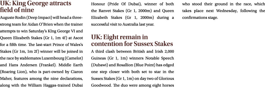 UK: King George attracts field of nine Auguste Rodin (Deep Impact) will head a three strong team for Aidan O’Brien wh...