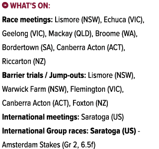 ￼ What's on: Race meetings: Lismore (NSW), Echuca (VIC), Geelong (VIC), Mackay (QLD), Broome (WA), Bordertown (SA), C...