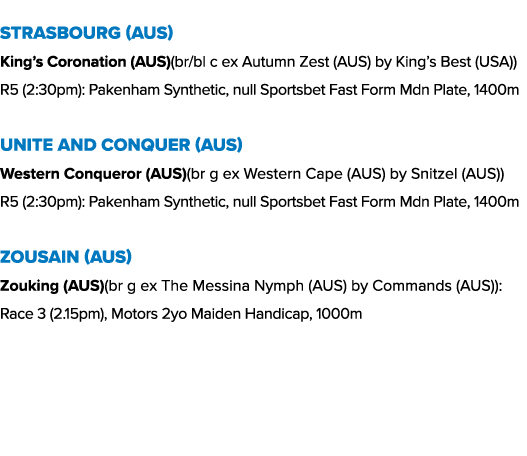 Strasbourg (AUS) King’s Coronation (AUS)(br/bl c ex Autumn Zest (AUS) by King’s Best (USA)) R5 (2:30pm): Pakenham Syn...