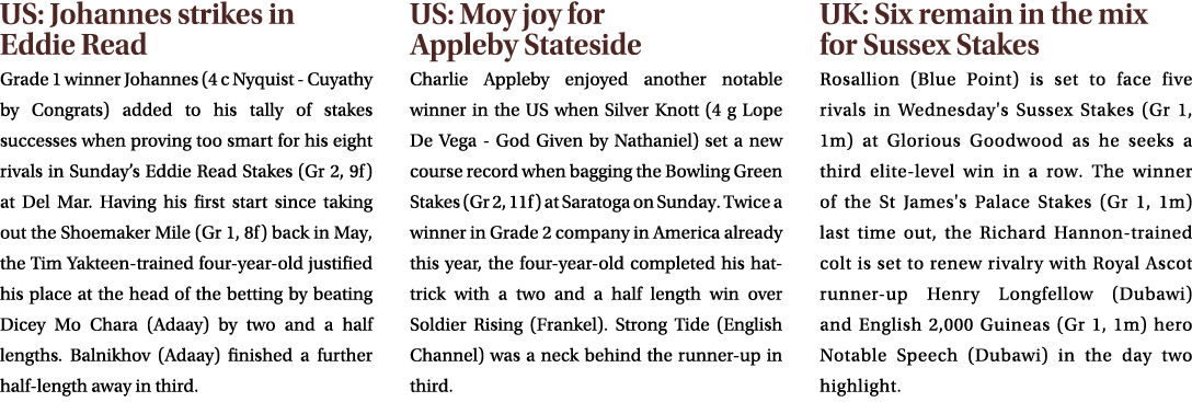 US: Johannes strikes in Eddie Read Grade 1 winner Johannes (4 c Nyquist Cuyathy by Congrats) added to his tally of st...