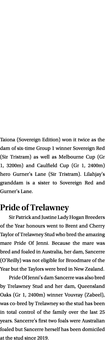 Taiona (Sovereign Edition) won it twice as the dam of six time Group 1 winner Sovereign Red (Sir Tristram) as well as...