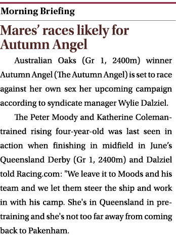  ￼ Mares’ races likely for Autumn Angel Australian Oaks (Gr 1, 2400m) winner Autumn Angel (The Autumn Angel) is set t...