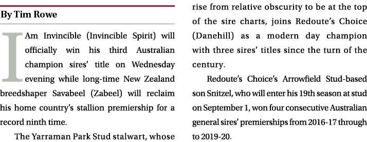 ￼ I Am Invincible (Invincible Spirit) will officially win his third Australian champion sires’ title on Wednesday eve...