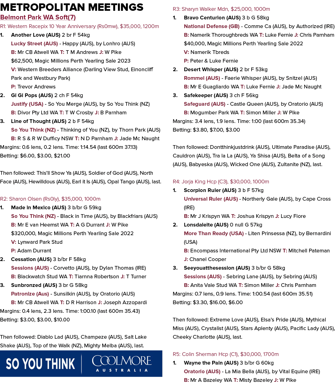 Metropolitan Meetings Belmont Park WA Soft(7) R1: Western Racepix 10 Year Anniversary (Rs0mw), $35,000, 1200m 1. Anot...