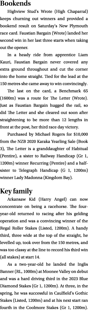 Bookends Highview Stud's Wrote (High Chaparral) keeps churning out winners and provided a bookend result on Saturday'...