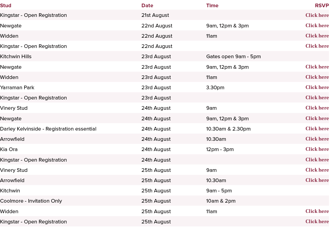 Stud,Date,Time,RSVP,Kingstar Open Registration,21st August,,Click here,Newgate,22nd August,9am, 12pm & 3pm,Click here...