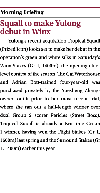  ￼ Squall to make Yulong debut in Winx Yulong's recent acquisition Tropical Squall (Prized Icon) looks set to make he...