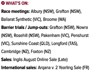 ￼ What's on: Race meetings: Albury (NSW), Grafton (NSW), Ballarat Synthetic (VIC), Broome (WA) Barrier trials / Jump ...