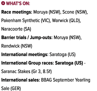 ￼ What's on: Race meetings: Moruya (NSW), Scone (NSW), Pakenham Synthetic (VIC), Warwick (QLD), Naracoorte (SA) Barri...