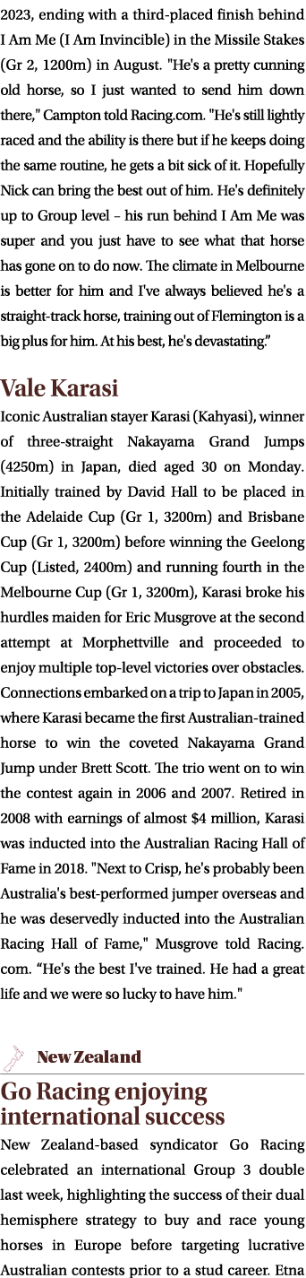 2023, ending with a third placed finish behind I Am Me (I Am Invincible) in the Missile Stakes (Gr 2, 1200m) in Augus...