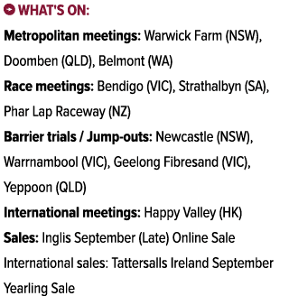 ￼ What's on: Metropolitan meetings: Warwick Farm (NSW), Doomben (QLD), Belmont (WA) Race meetings: Bendigo (VIC), Str...