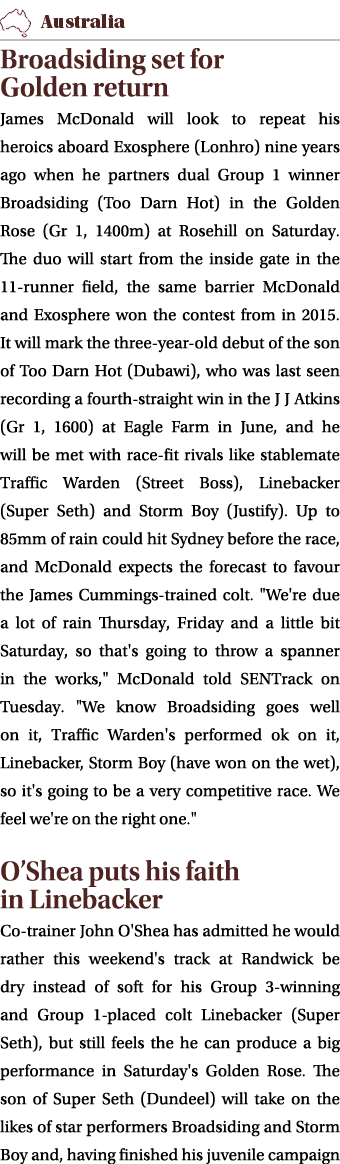 ￼ Broadsiding set for Golden return James McDonald will look to repeat his heroics aboard Exosphere (Lonhro) nine yea...