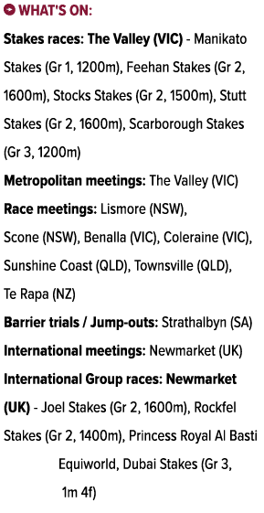 ￼ What's on: Stakes races: The Valley (VIC) Manikato Stakes (Gr 1, 1200m), Feehan Stakes (Gr 2, 1600m), Stocks Stakes...