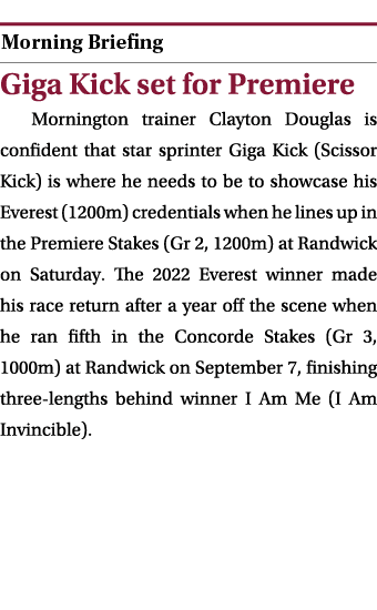  ￼ Giga Kick set for Premiere Mornington trainer Clayton Douglas is confident that star sprinter Giga Kick (Scissor K...