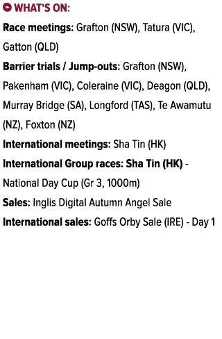 ￼ What's on: Race meetings: Grafton (NSW), Tatura (VIC), Gatton (QLD) Barrier trials / Jump outs: Grafton (NSW), Pake...