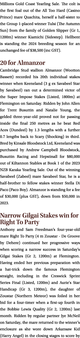 Millions Gold Coast Yearling Sale. The colt is the first foal out of the All Too Hard (Casino Prince) mare Quachita, ...