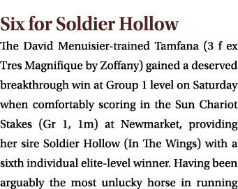  Six for Soldier Hollow The David Menuisier trained Tamfana (3 f ex Tres Magnifique by Zoffany) gained a deserved bre...