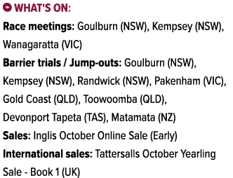 ￼ What's on: Race meetings: Goulburn (NSW), Kempsey (NSW), Wanagaratta (VIC) Barrier trials / Jump outs: Goulburn (NS...