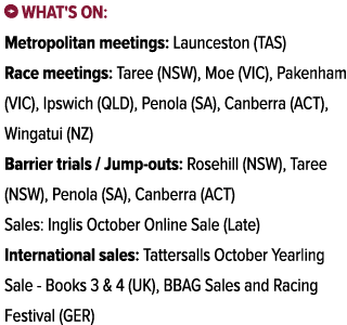 ￼ What's on: Metropolitan meetings: Launceston (TAS) Race meetings: Taree (NSW), Moe (VIC), Pakenham (VIC), Ipswich (...