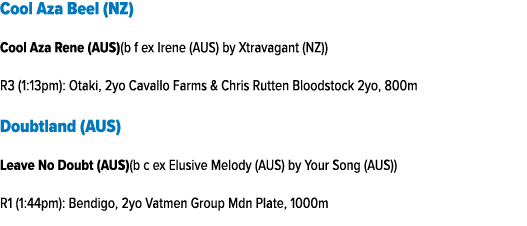 Cool Aza Beel (NZ) Cool Aza Rene (AUS)(b f ex Irene (AUS) by Xtravagant (NZ)) R3 (1:13pm): Otaki, 2yo Cavallo Farms &...