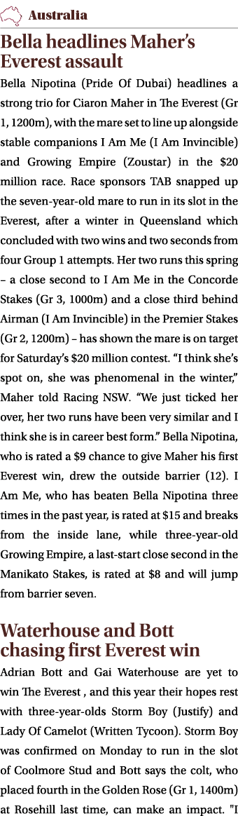 ￼ Bella headlines Maher’s Everest assault Bella Nipotina (Pride Of Dubai) headlines a strong trio for Ciaron Maher in...