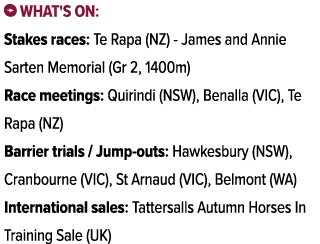 ￼ What's on: Stakes races: Te Rapa (NZ) James and Annie Sarten Memorial (Gr 2, 1400m) Race meetings: Quirindi (NSW), ...