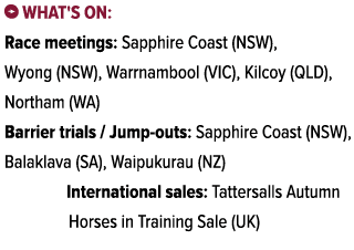 ￼ What's on: Race meetings: Sapphire Coast (NSW), Wyong (NSW), Warrnambool (VIC), Kilcoy (QLD), Northam (WA) Barrier ...