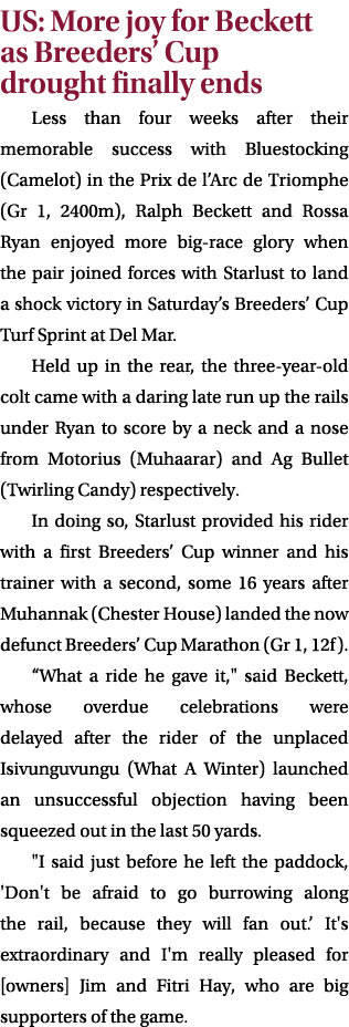 US: More joy for Beckett as Breeders’ Cup drought finally ends Less than four weeks after their memorable success wit...