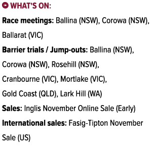 ￼ What's on: Race meetings: Ballina (NSW), Corowa (NSW), Ballarat (VIC) Barrier trials / Jump outs: Ballina (NSW), Co...