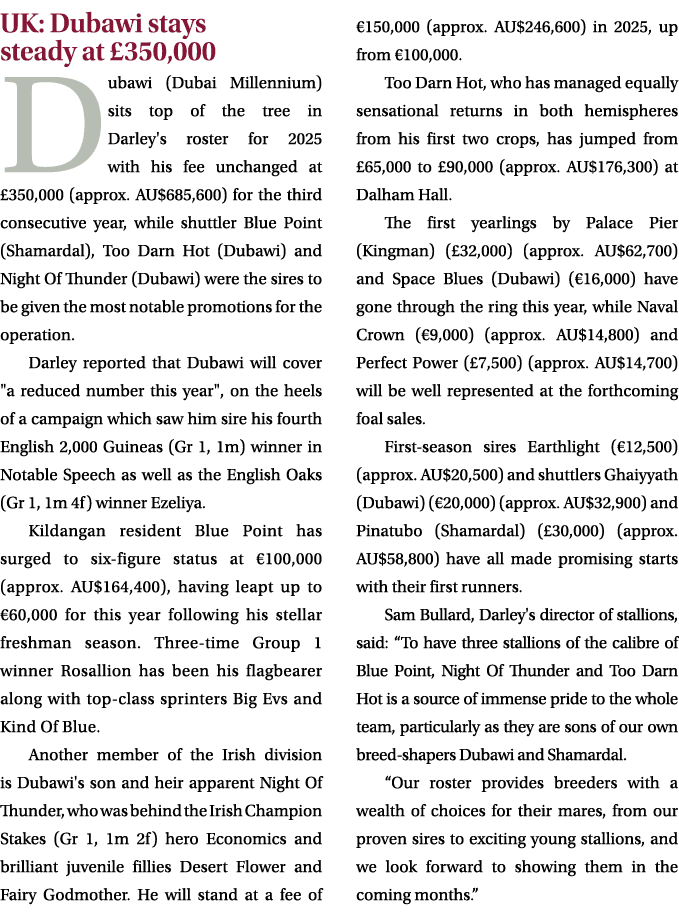 UK: Dubawi stays steady at £350,000 Dubawi (Dubai Millennium) sits top of the tree in Darley's roster for 2025 with h...