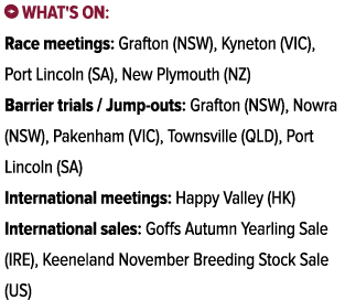 ￼ What's on: Race meetings: Grafton (NSW), Kyneton (VIC), Port Lincoln (SA), New Plymouth (NZ) Barrier trials / Jump ...