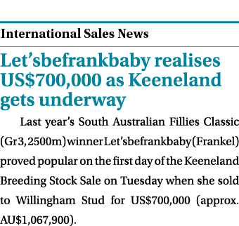  ￼ Let’sbefrankbaby realises US$700,000 as Keeneland gets underway Last year’s South Australian Fillies Classic (Gr 3...