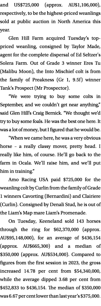 and US$725,000 (approx. AU$1,106,000), respectively, to be the highest priced weanlings sold at public auction in Nor...