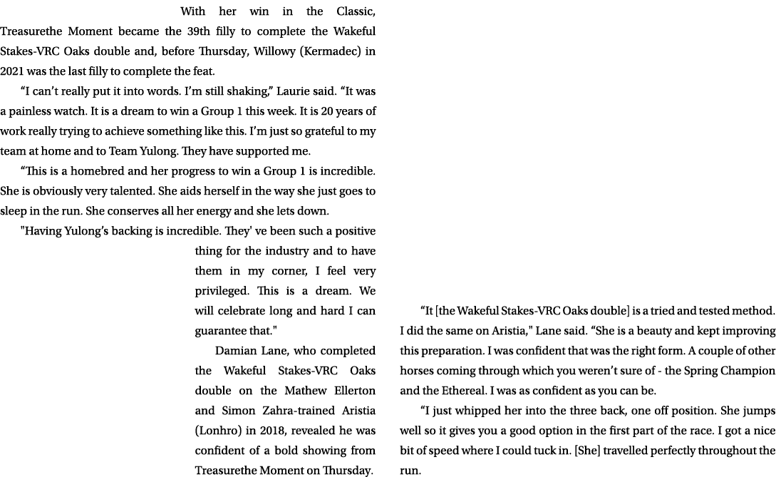 With her win in the Classic, Treasurethe Moment became the 39th filly to complete the Wakeful Stakes VRC Oaks double ...